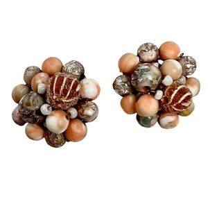 Vintage Beaded Cluster Clip On Earrings Pink Peach Cream Retro Made In Japan